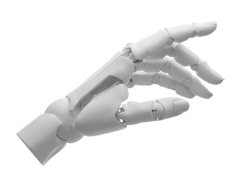 Photo of Artificial intelligence. Robot hand gesturing on white background