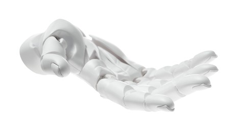 Photo of Artificial intelligence. Robot hand gesturing on white background