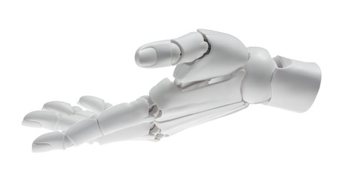 Photo of Artificial intelligence. Robot hand gesturing on white background