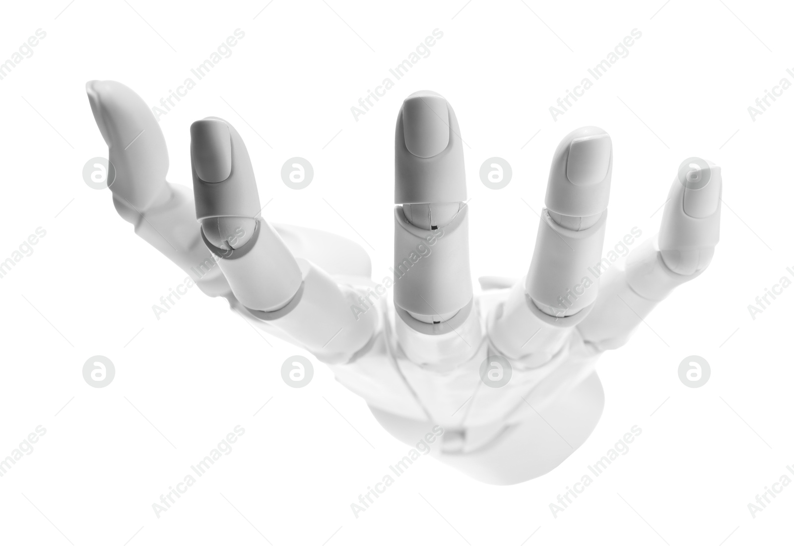 Photo of Artificial intelligence. Robot hand gesturing on white background