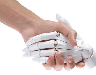 Photo of Artificial intelligence. Woman shaking hands with robot on white background, closeup