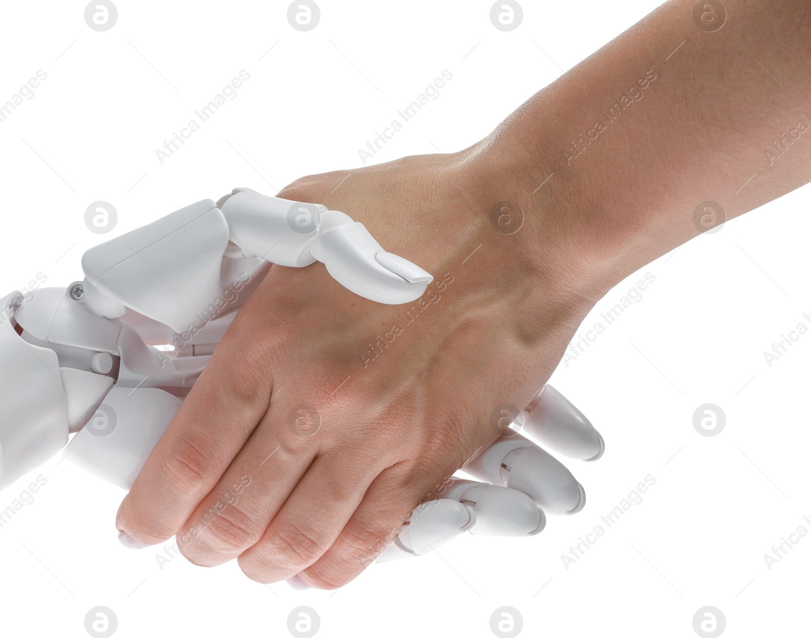 Photo of Artificial intelligence. Woman shaking hands with robot on white background, closeup