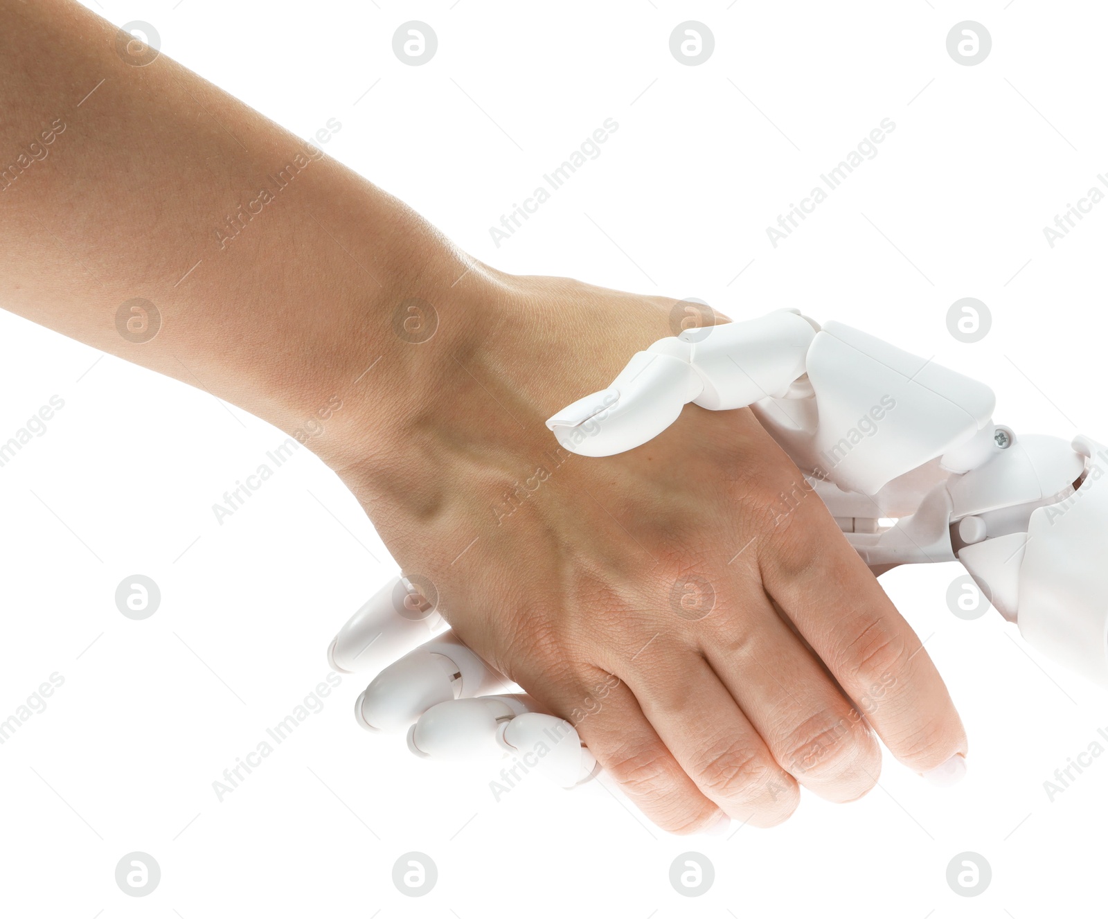 Photo of Artificial intelligence. Woman shaking hands with robot on white background, closeup