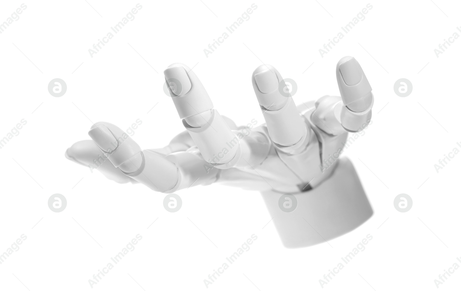 Photo of Artificial intelligence. Robot hand gesturing on white background