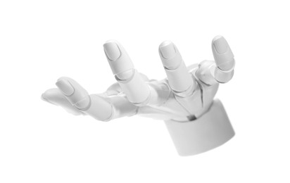 Photo of Artificial intelligence. Robot hand gesturing on white background