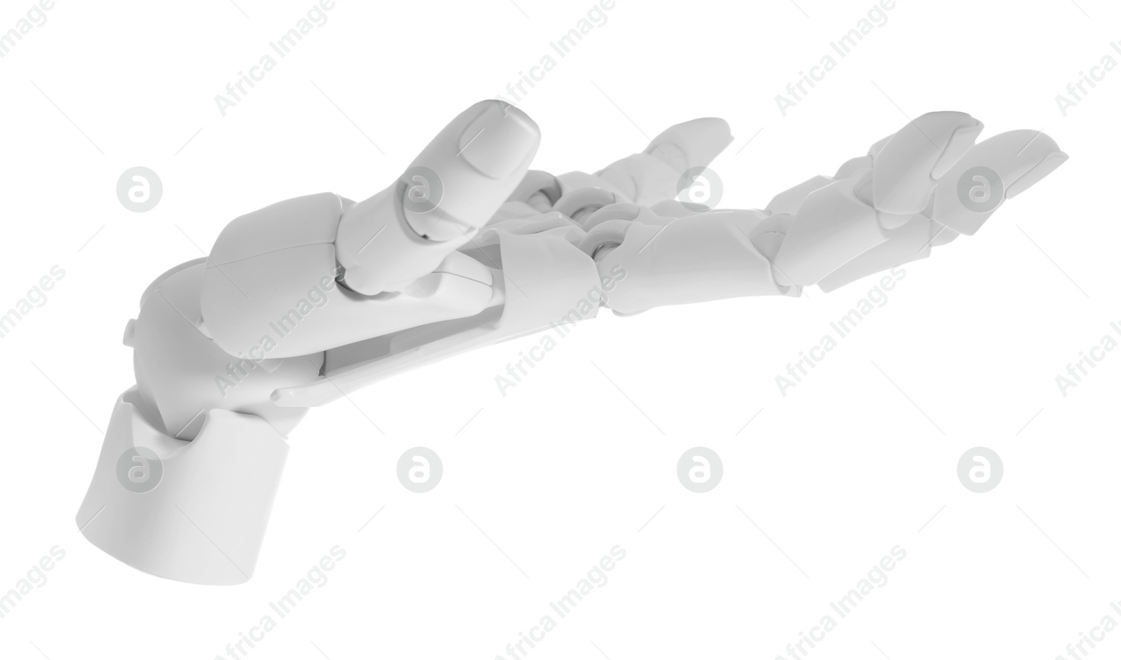 Photo of Artificial intelligence. Robot hand gesturing on white background