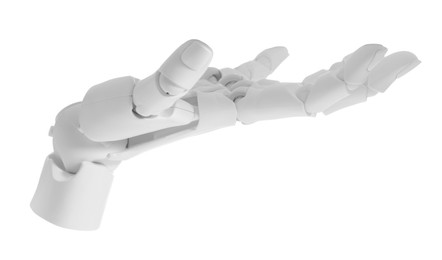 Photo of Artificial intelligence. Robot hand gesturing on white background