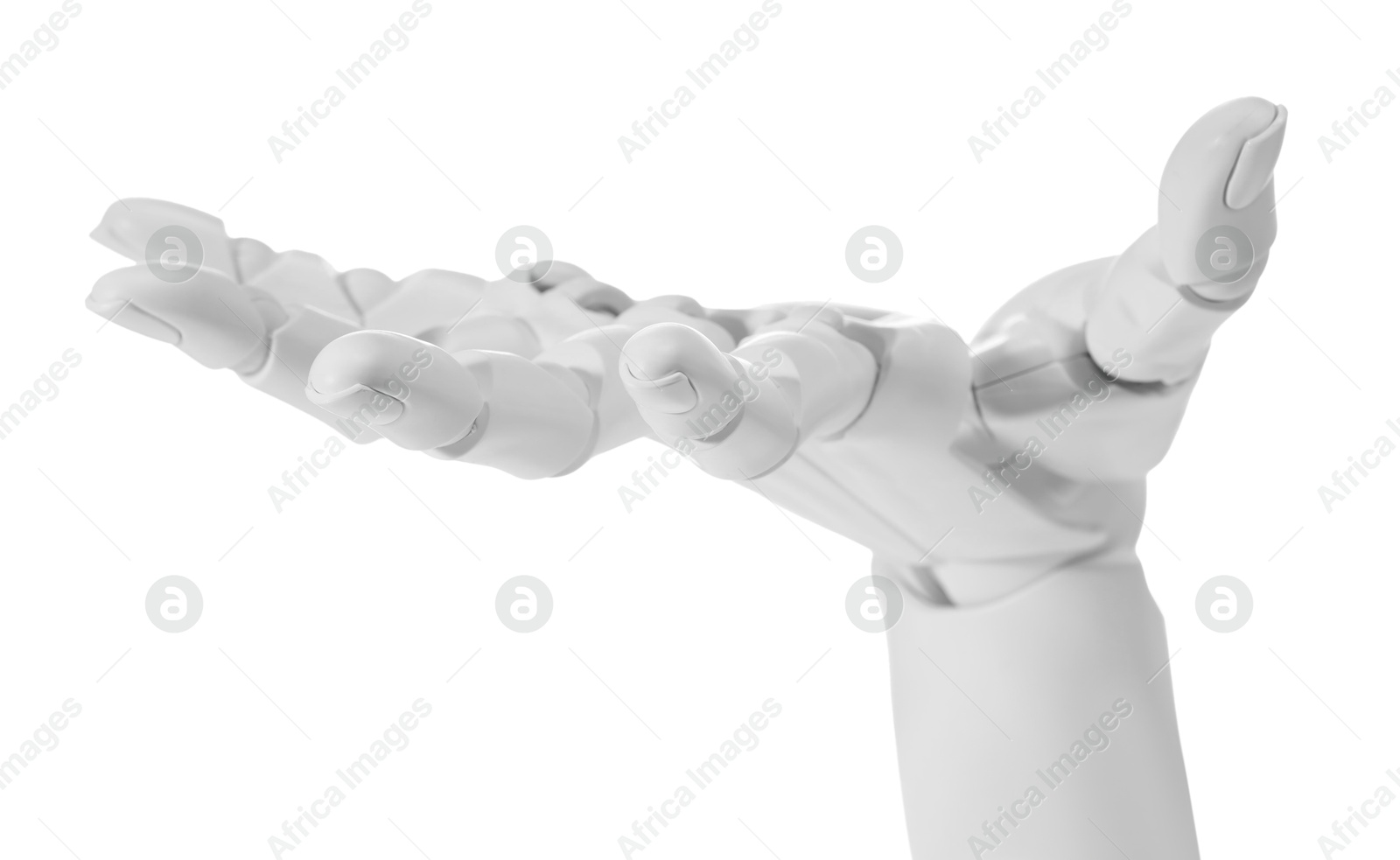 Photo of Artificial intelligence. Robot hand gesturing on white background