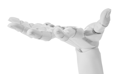 Photo of Artificial intelligence. Robot hand gesturing on white background