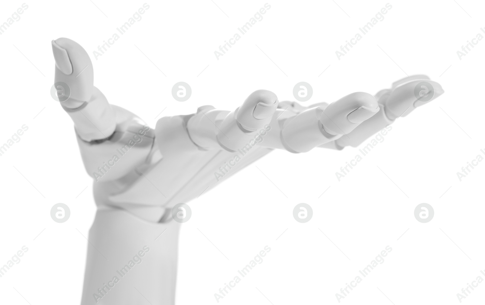 Photo of Artificial intelligence. Robot hand gesturing on white background