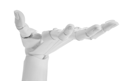 Photo of Artificial intelligence. Robot hand gesturing on white background