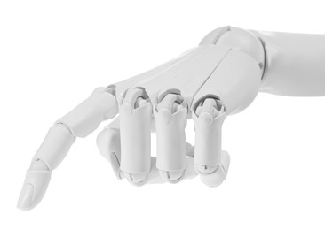 Photo of Artificial intelligence. Robot hand pointing at something on white background