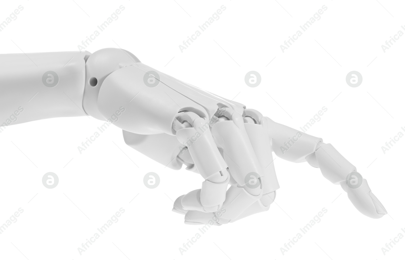 Photo of Artificial intelligence. Robot hand pointing at something on white background