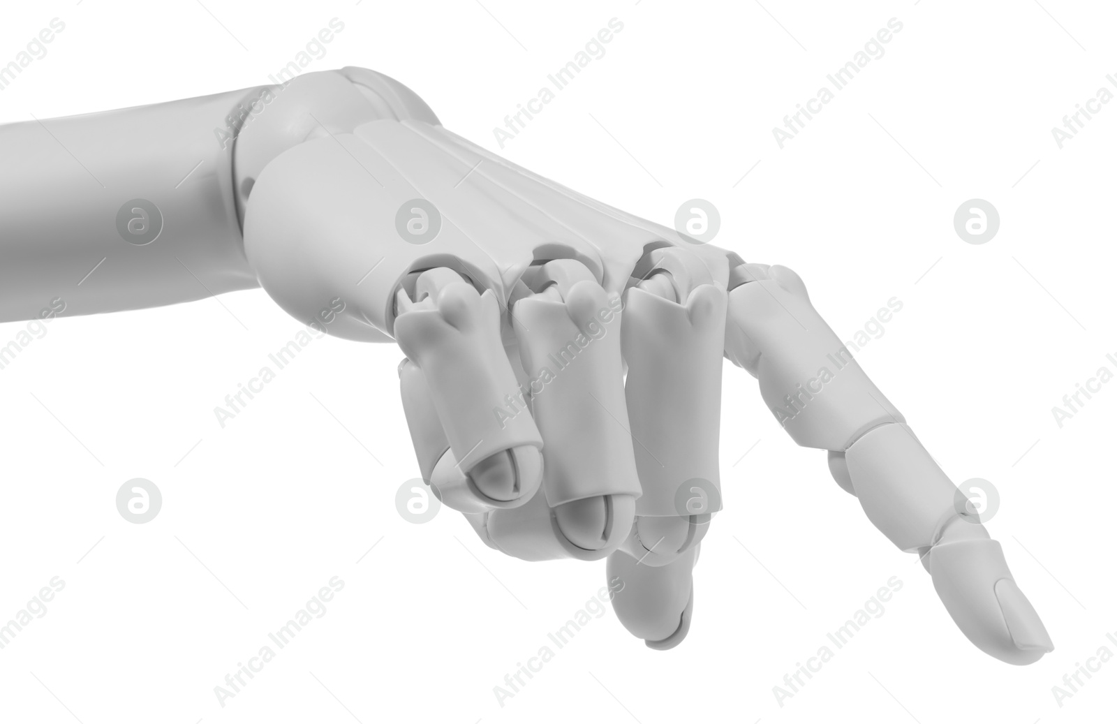 Photo of Artificial intelligence. Robot hand pointing at something on white background