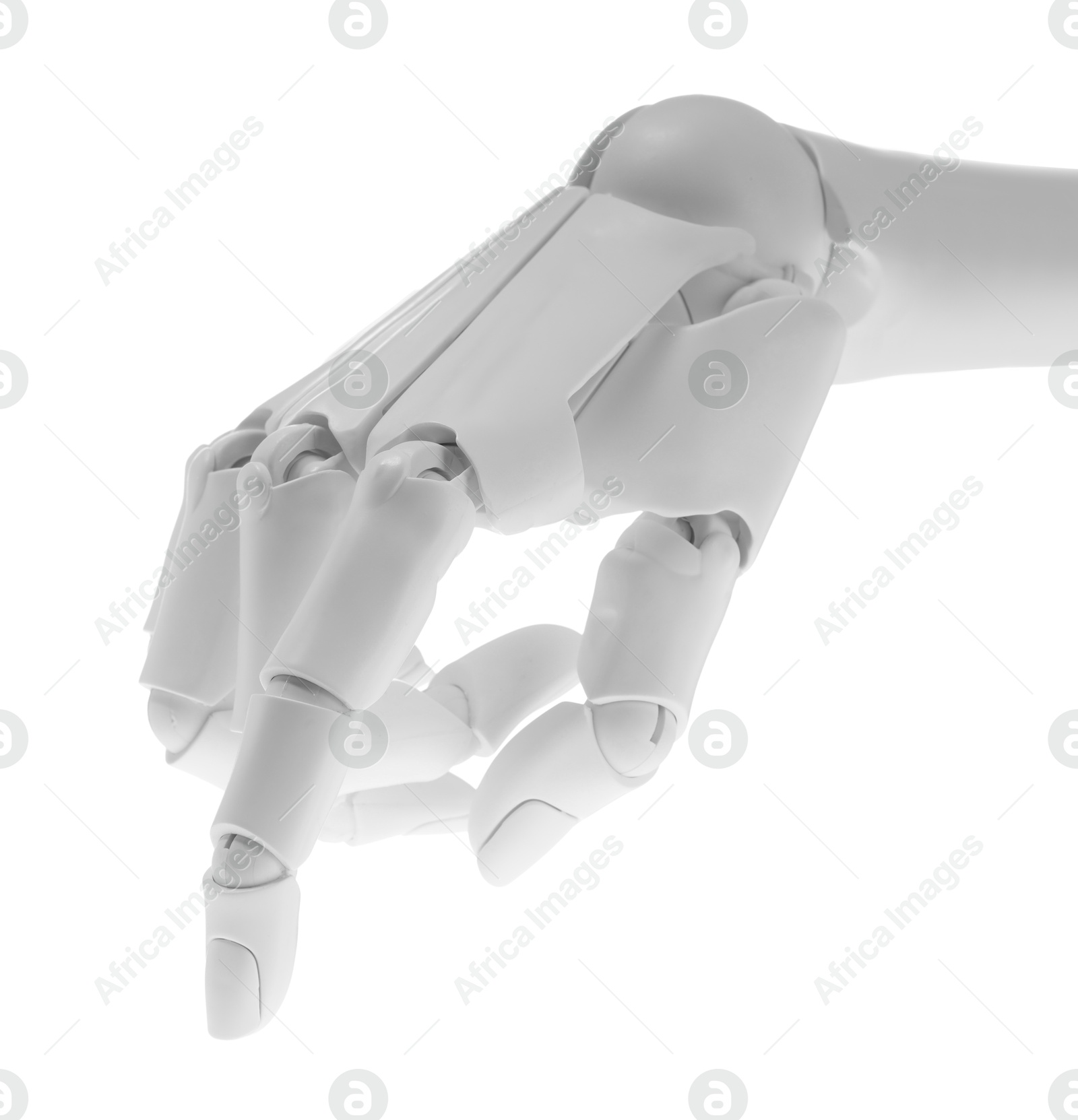 Photo of Artificial intelligence. Robot hand pointing at something on white background