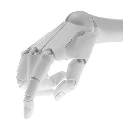 Photo of Artificial intelligence. Robot hand pointing at something on white background