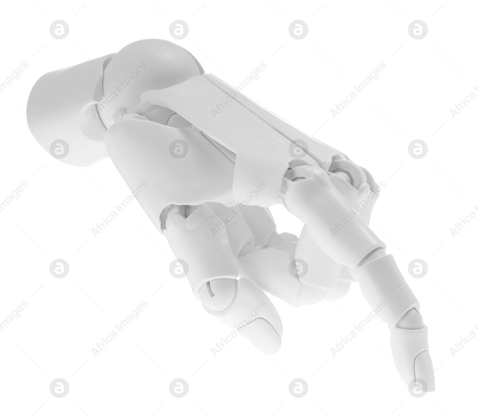 Photo of Artificial intelligence. Robot hand pointing at something on white background