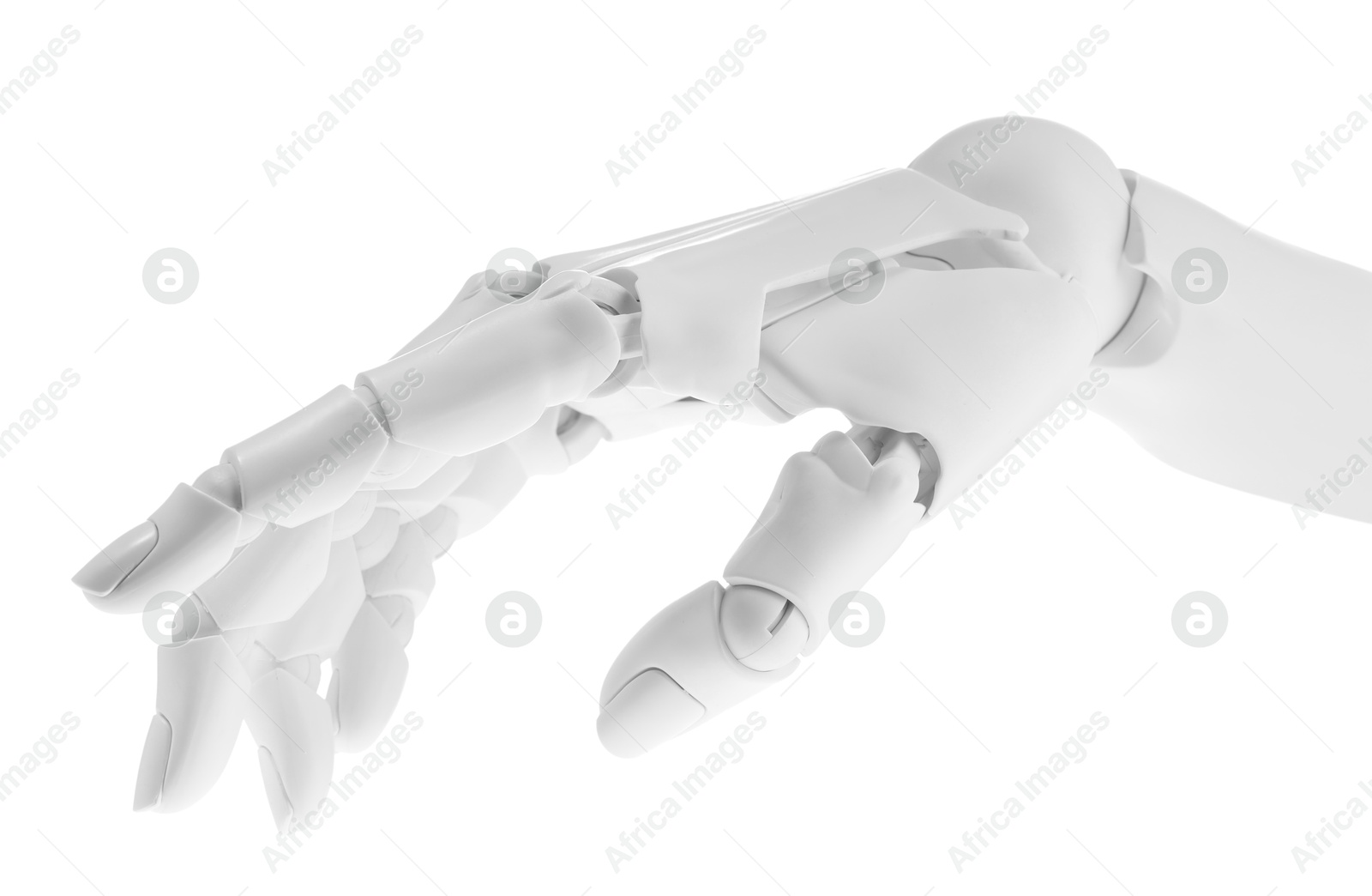 Photo of Artificial intelligence. Robot hand gesturing on white background