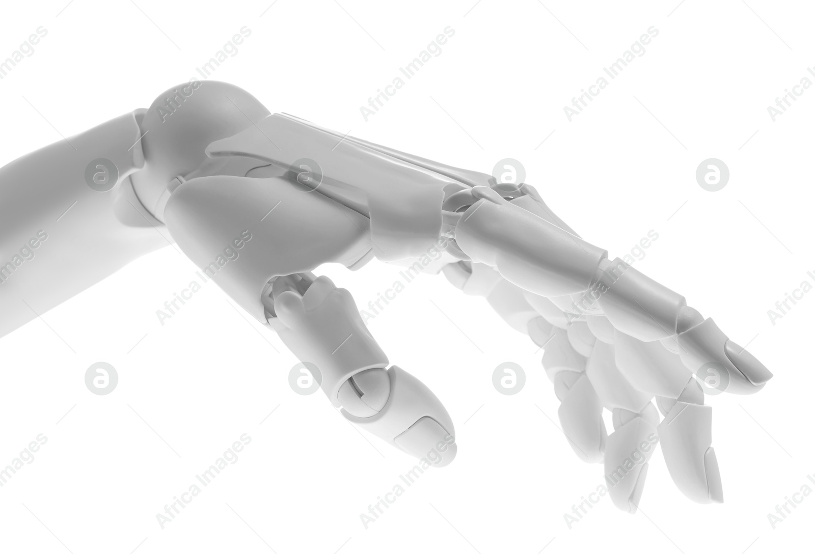 Photo of Artificial intelligence. Robot hand gesturing on white background