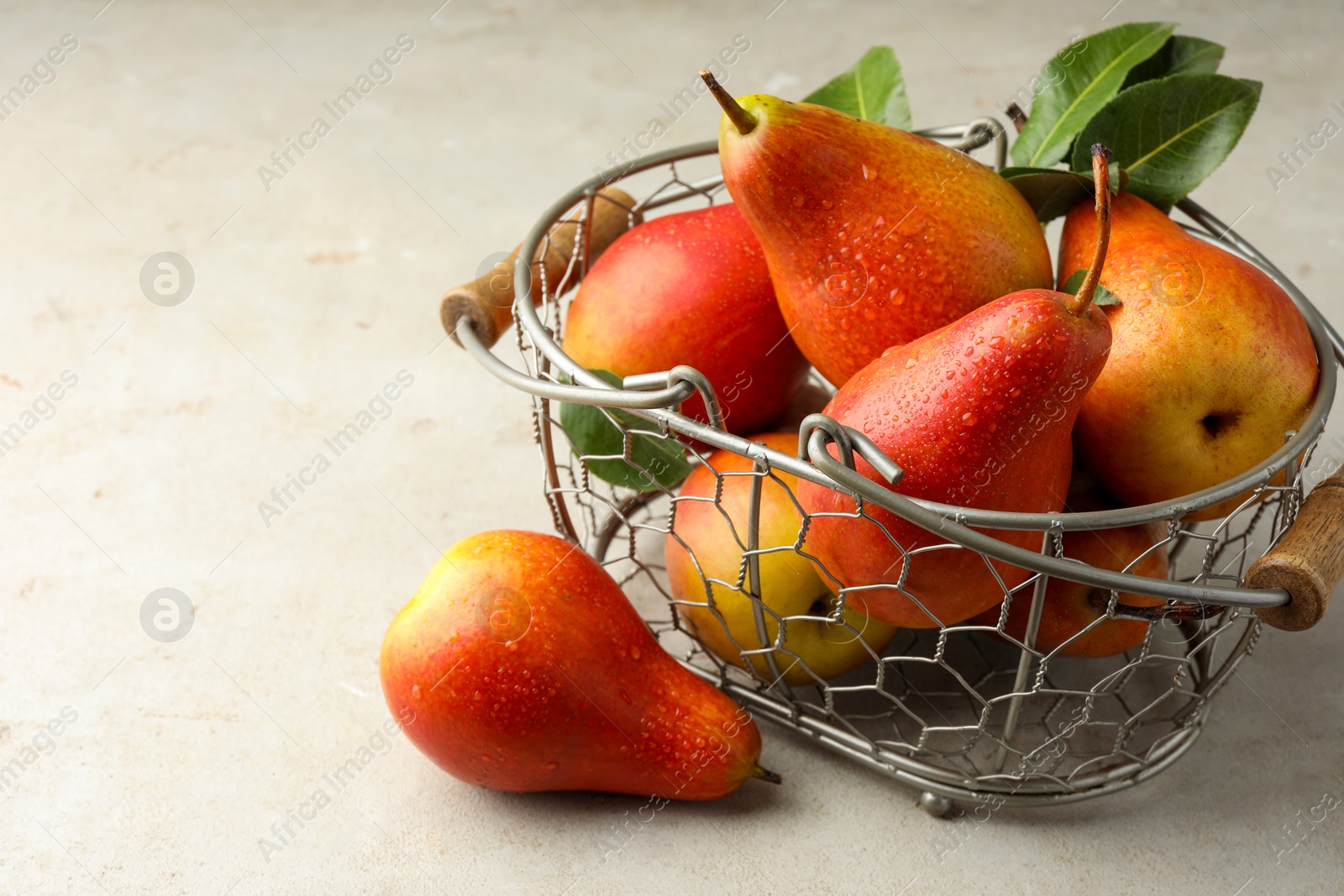 Photo of Ripe juicy pears in metal basket on grey textured table