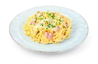 Photo of Delicious pasta Carbonara with bacon isolated on white