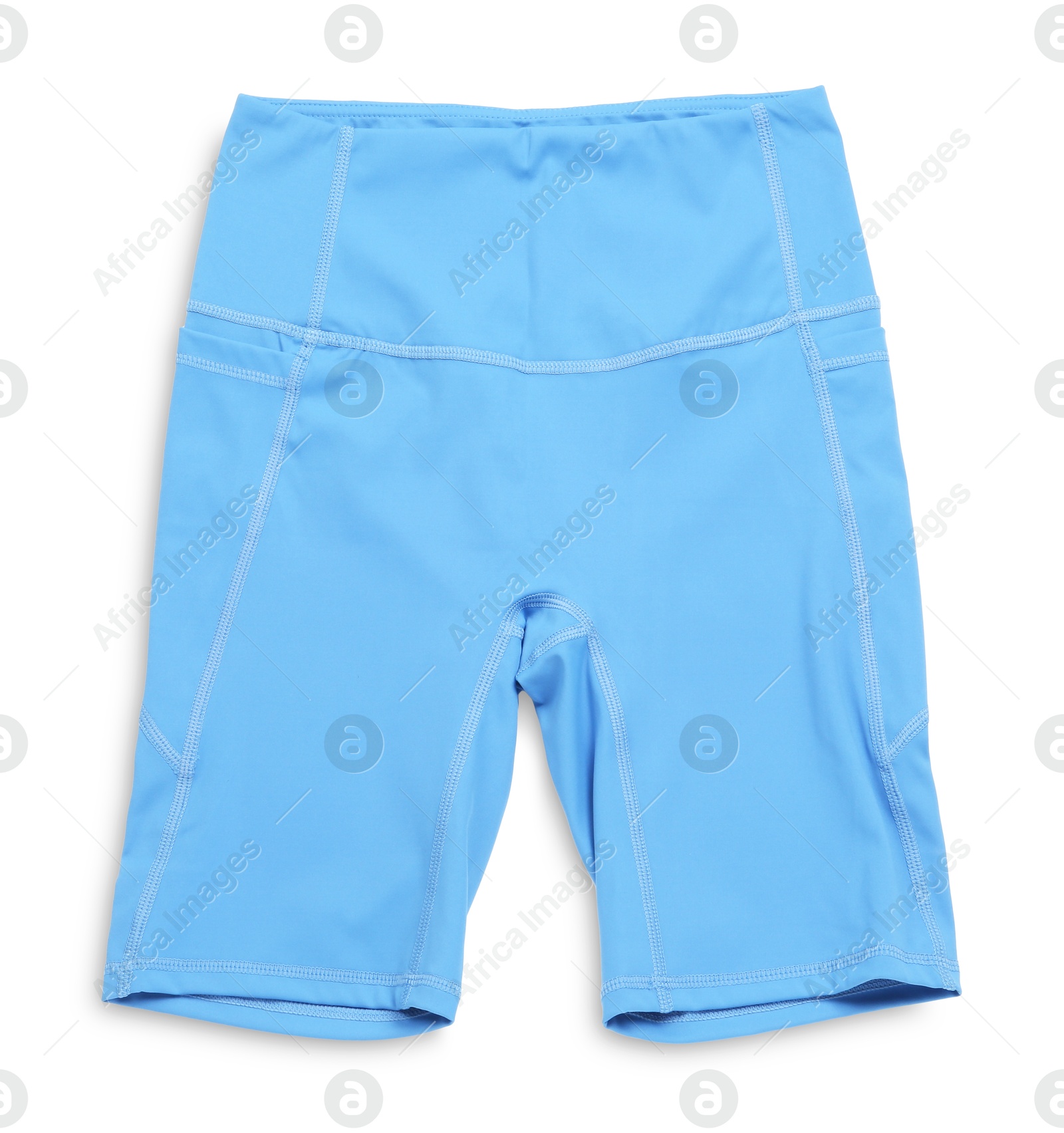 Photo of Light blue women's cycling shorts isolated on white, top view