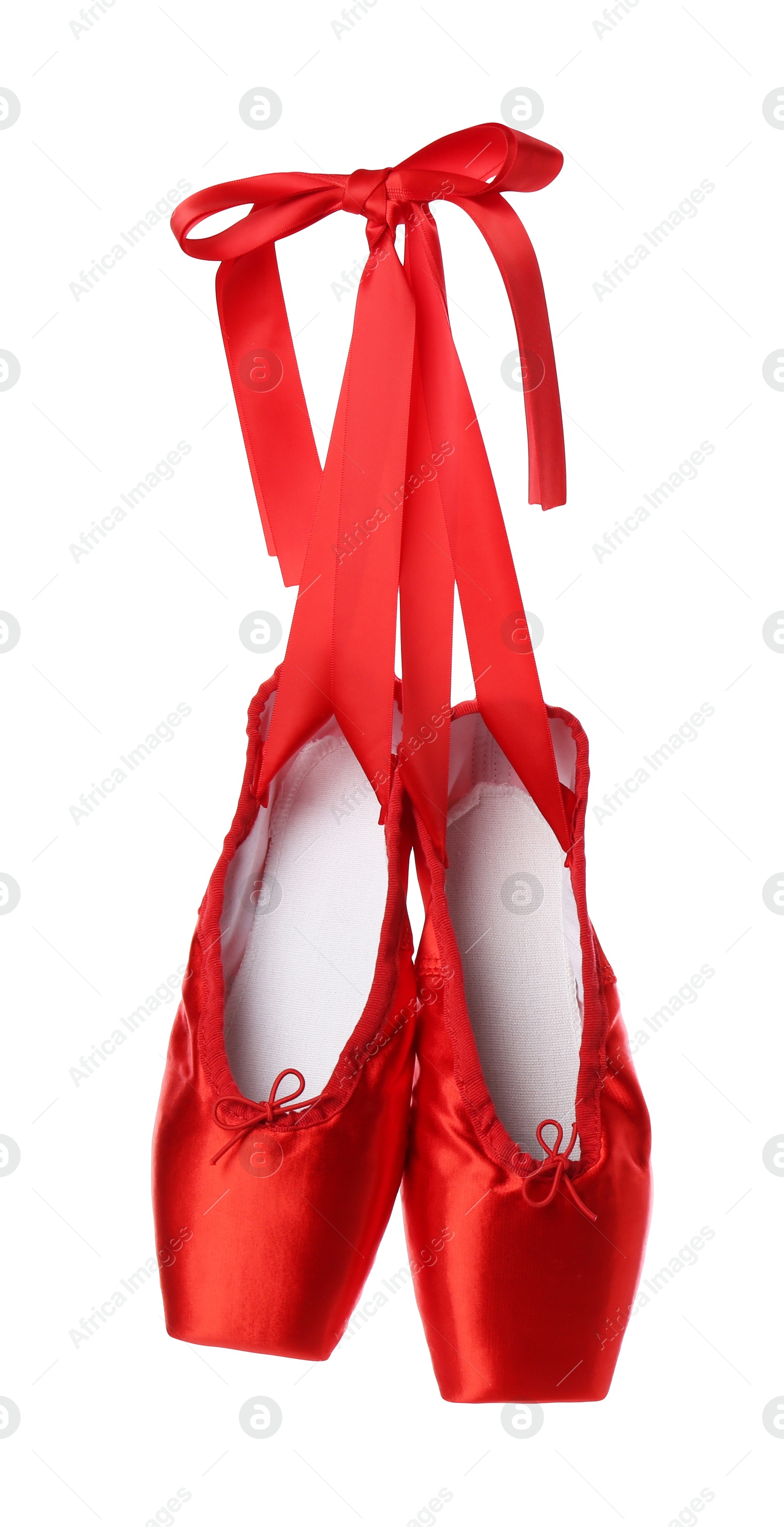 Photo of Pair of beautiful red pointe shoes isolated on white