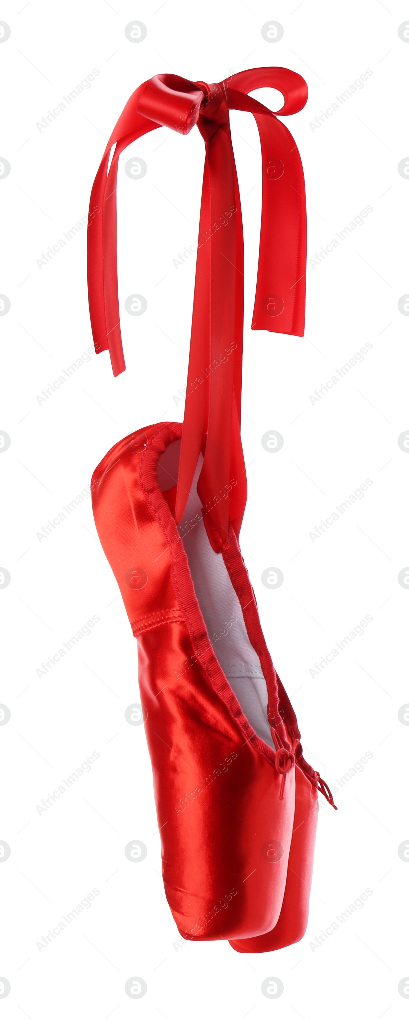 Photo of Pair of beautiful red pointe shoes isolated on white