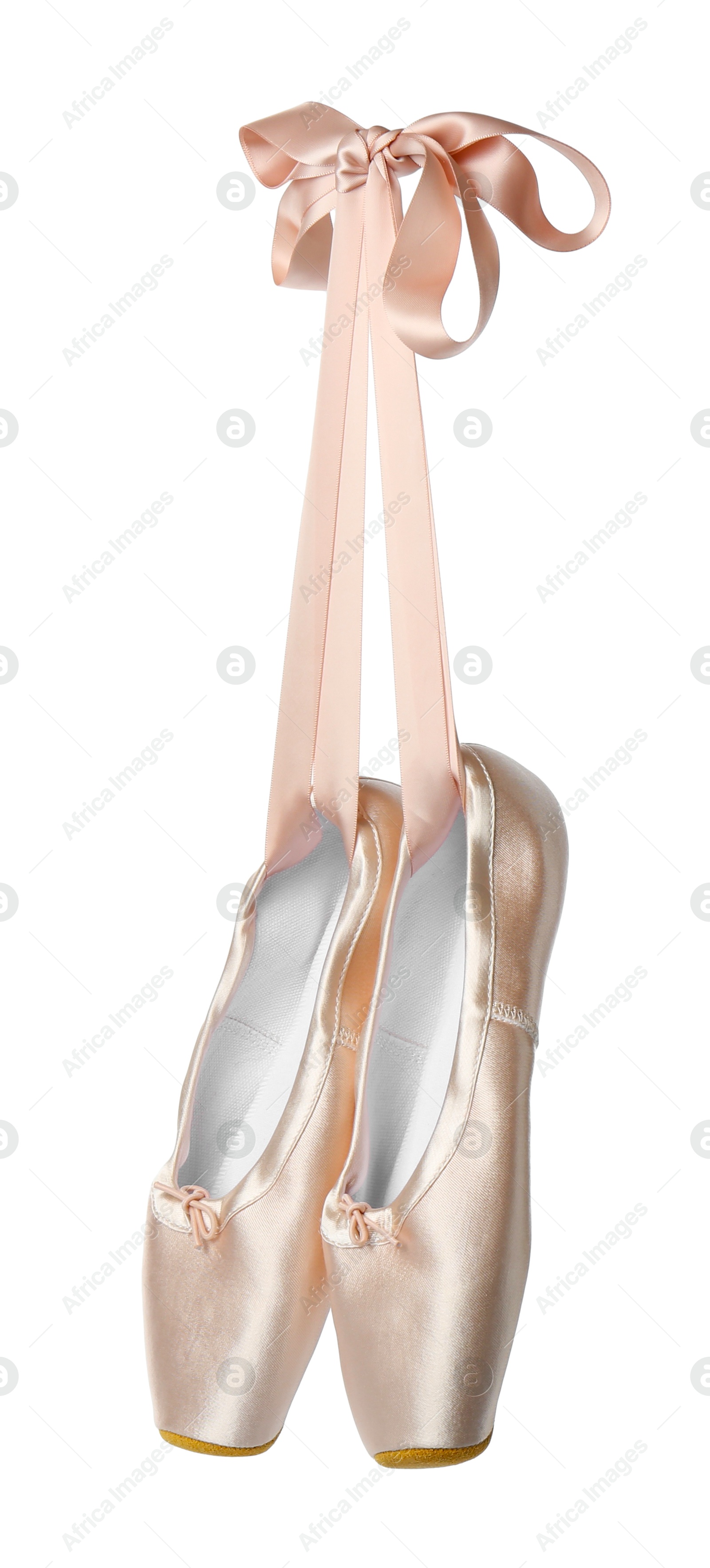 Photo of Pair of beautiful pointe shoes in air isolated on white