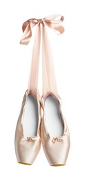 Photo of Pair of beautiful pointe shoes in air isolated on white