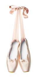 Photo of Pair of beautiful pointe shoes in air isolated on white