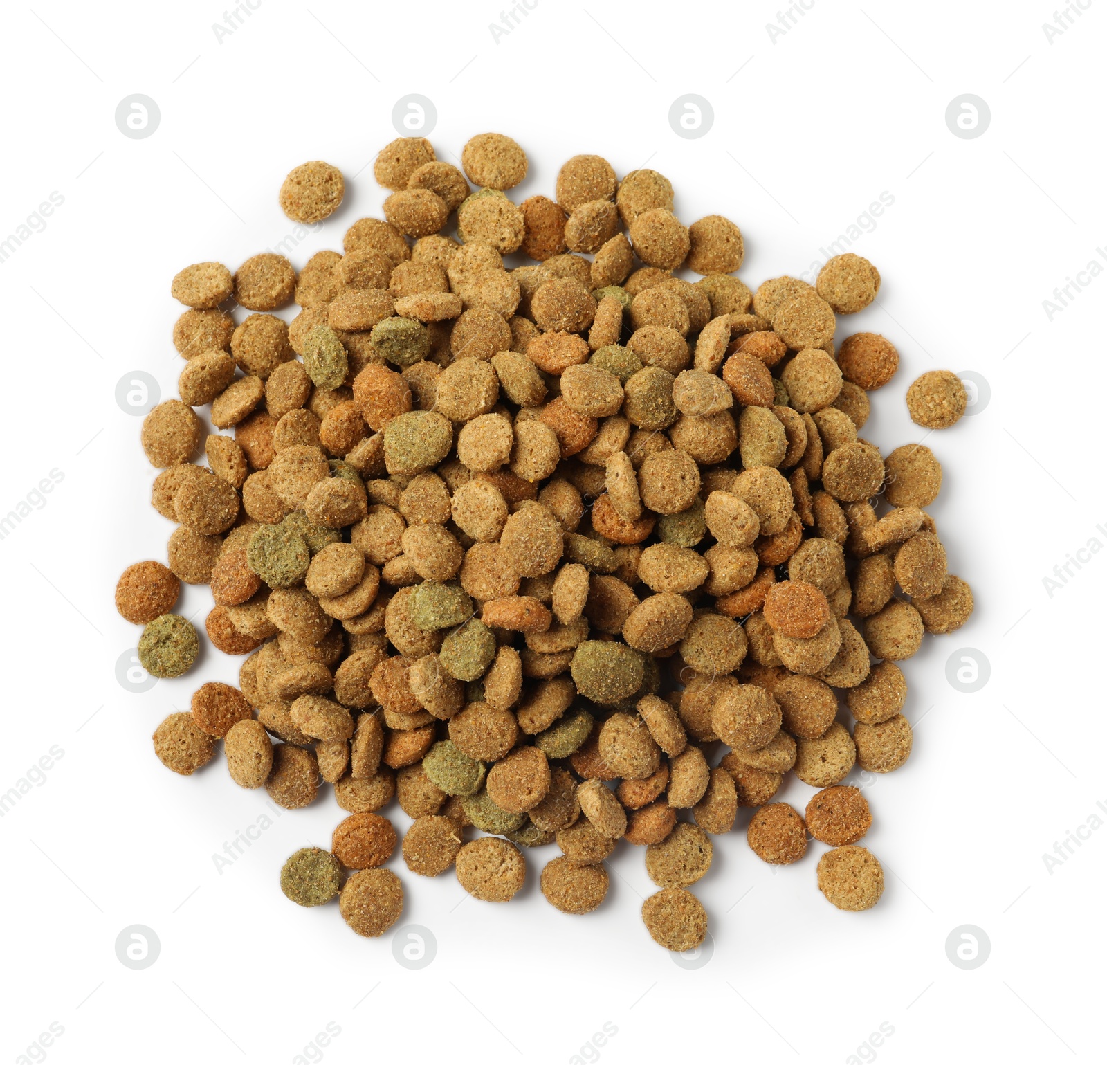 Photo of Dry pet food granules isolated on white, top view