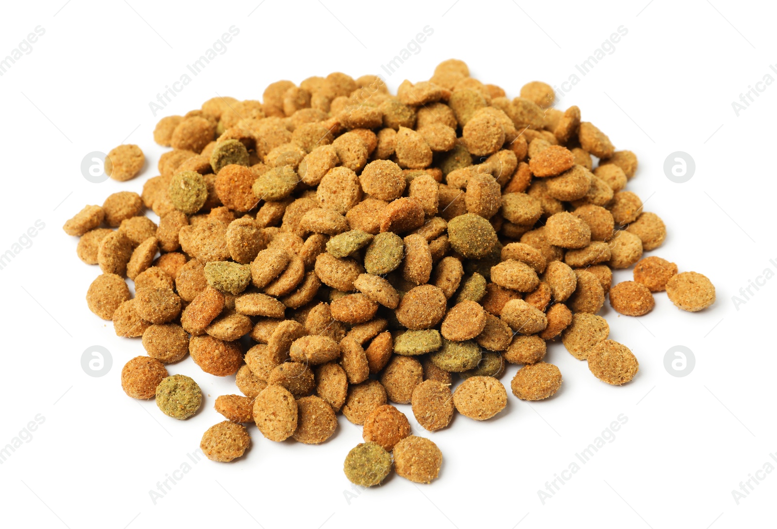 Photo of Dry pet food granules isolated on white