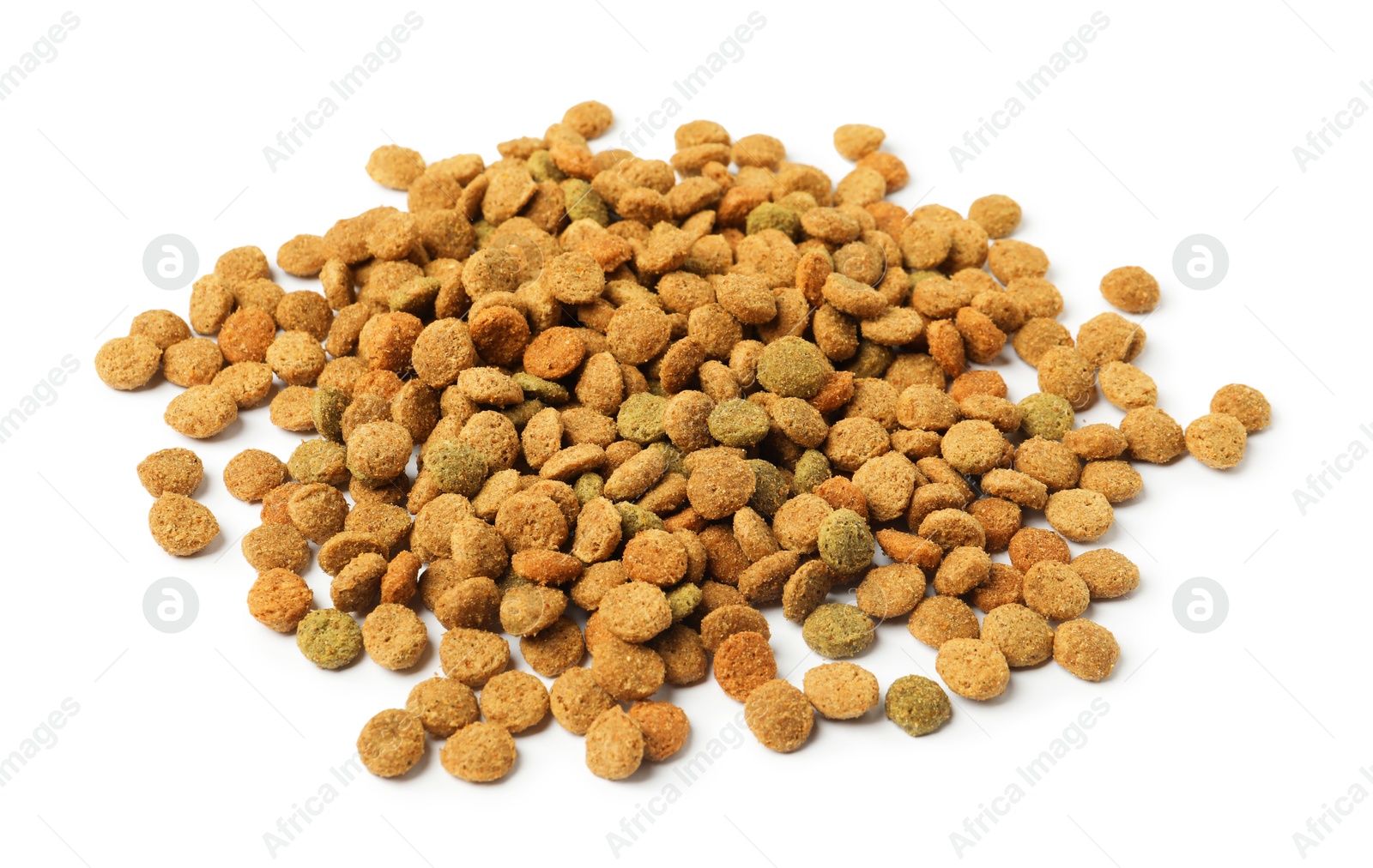 Photo of Dry pet food granules isolated on white