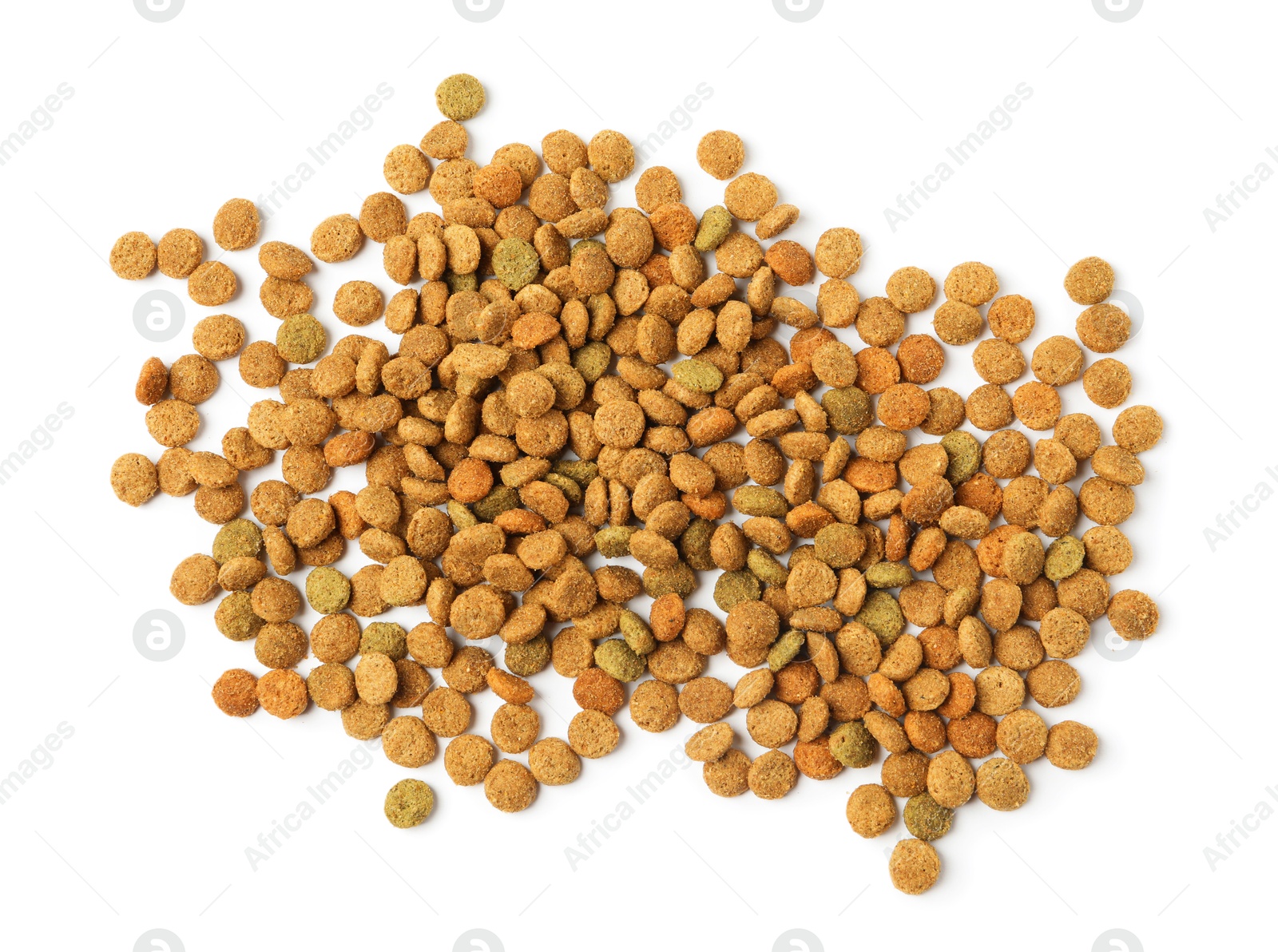 Photo of Dry pet food granules isolated on white, top view