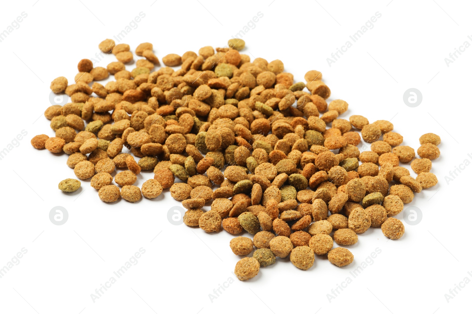 Photo of Dry pet food granules isolated on white