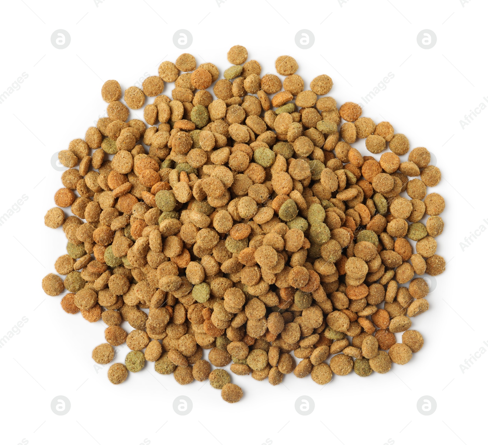 Photo of Dry pet food granules isolated on white, top view