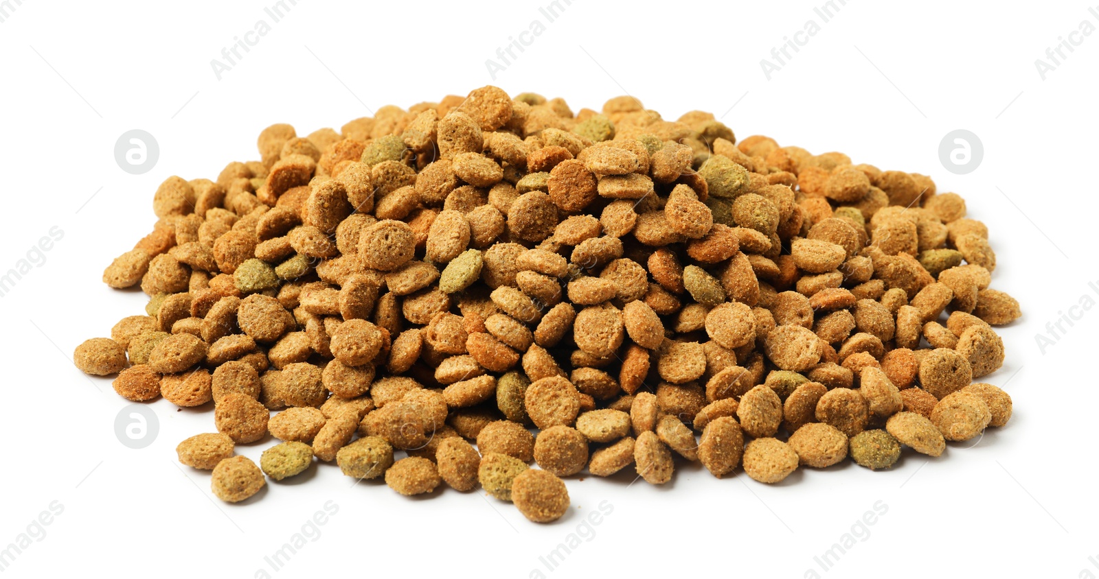 Photo of Dry pet food granules isolated on white