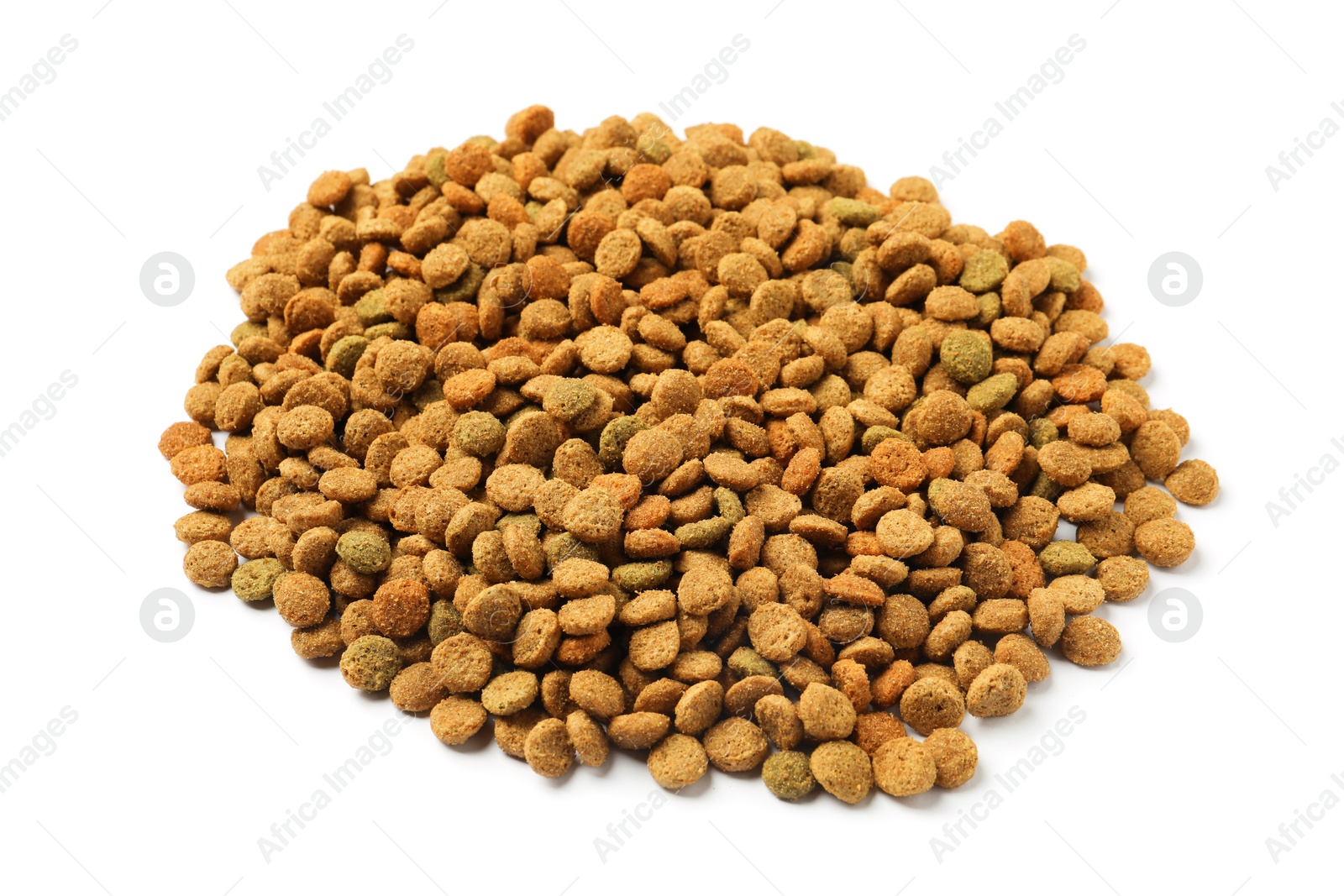 Photo of Dry pet food granules isolated on white