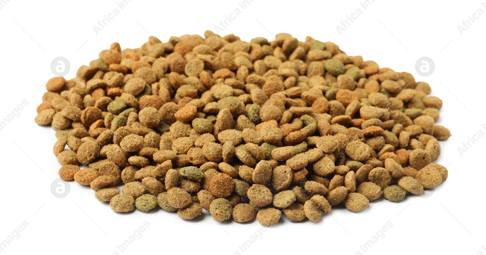 Photo of Dry pet food granules isolated on white