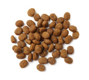 Dry pet food granules isolated on white, top view