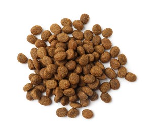 Dry pet food granules isolated on white, top view