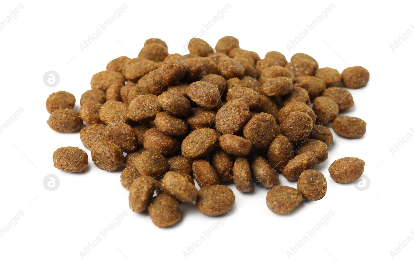 Photo of Dry pet food granules isolated on white