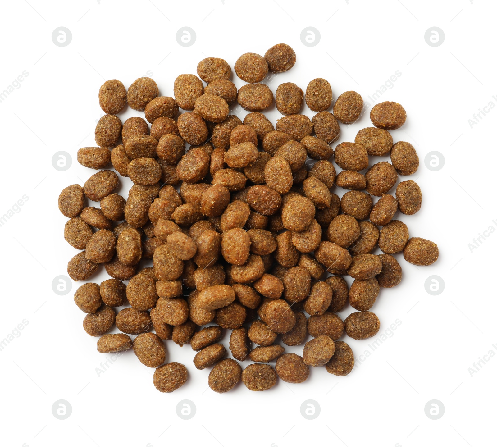 Photo of Dry pet food granules isolated on white, top view