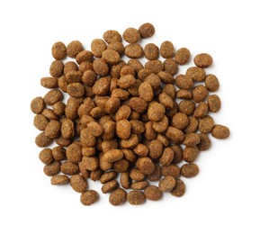 Dry pet food granules isolated on white, top view