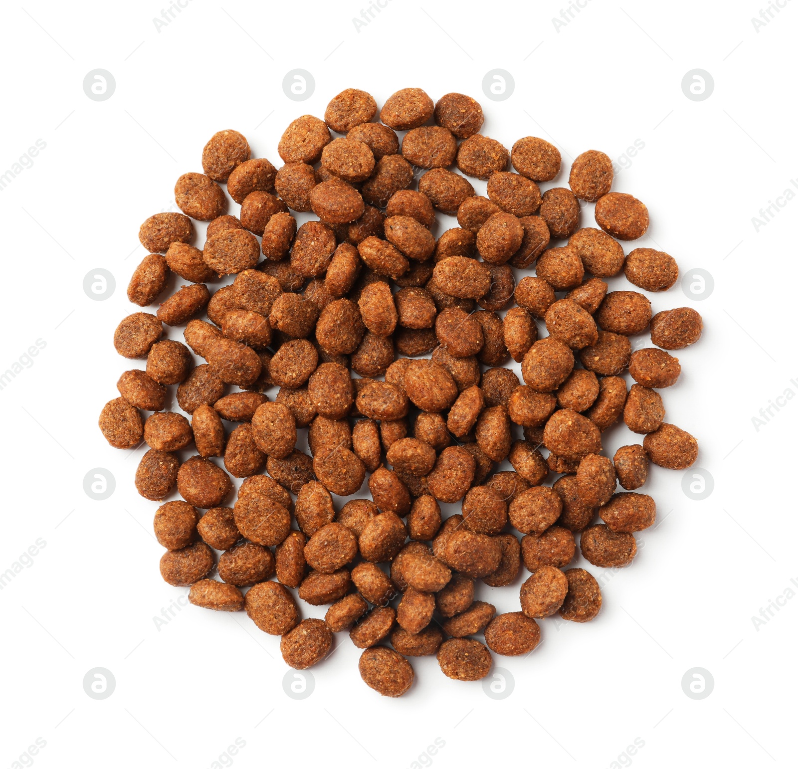 Photo of Dry pet food granules isolated on white, top view