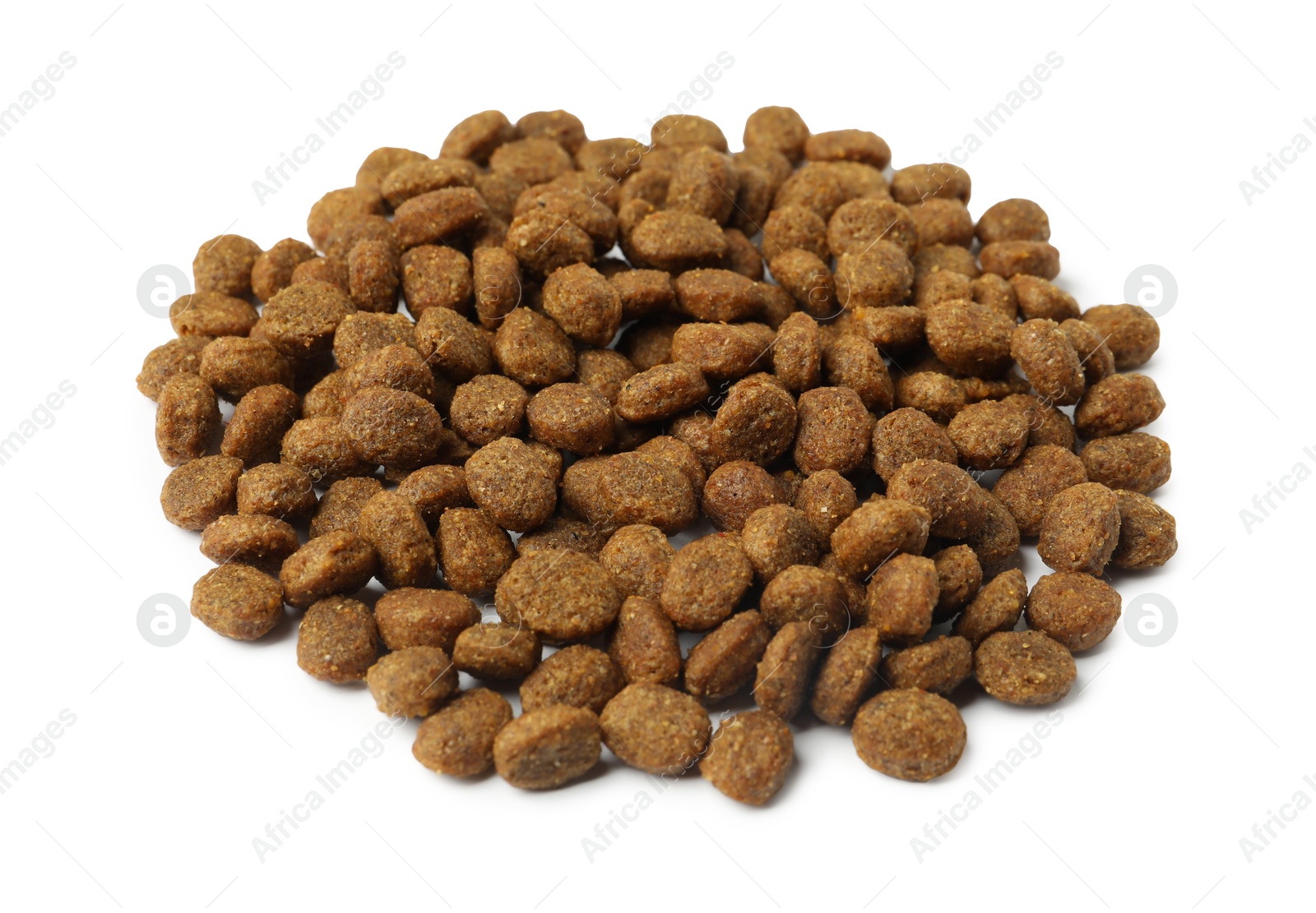 Photo of Dry pet food granules isolated on white