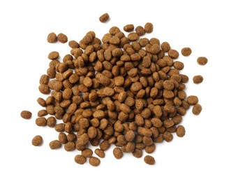 Dry pet food granules isolated on white, top view