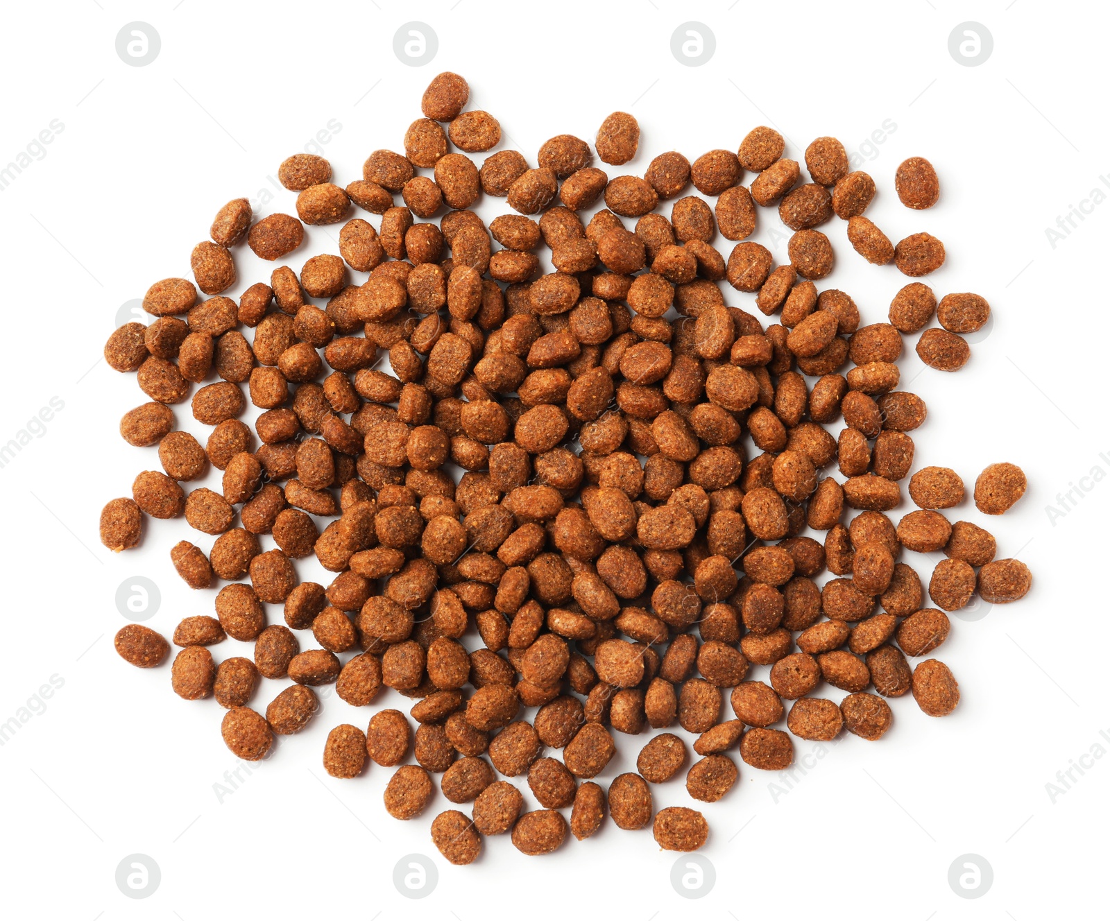 Photo of Dry pet food granules isolated on white, top view