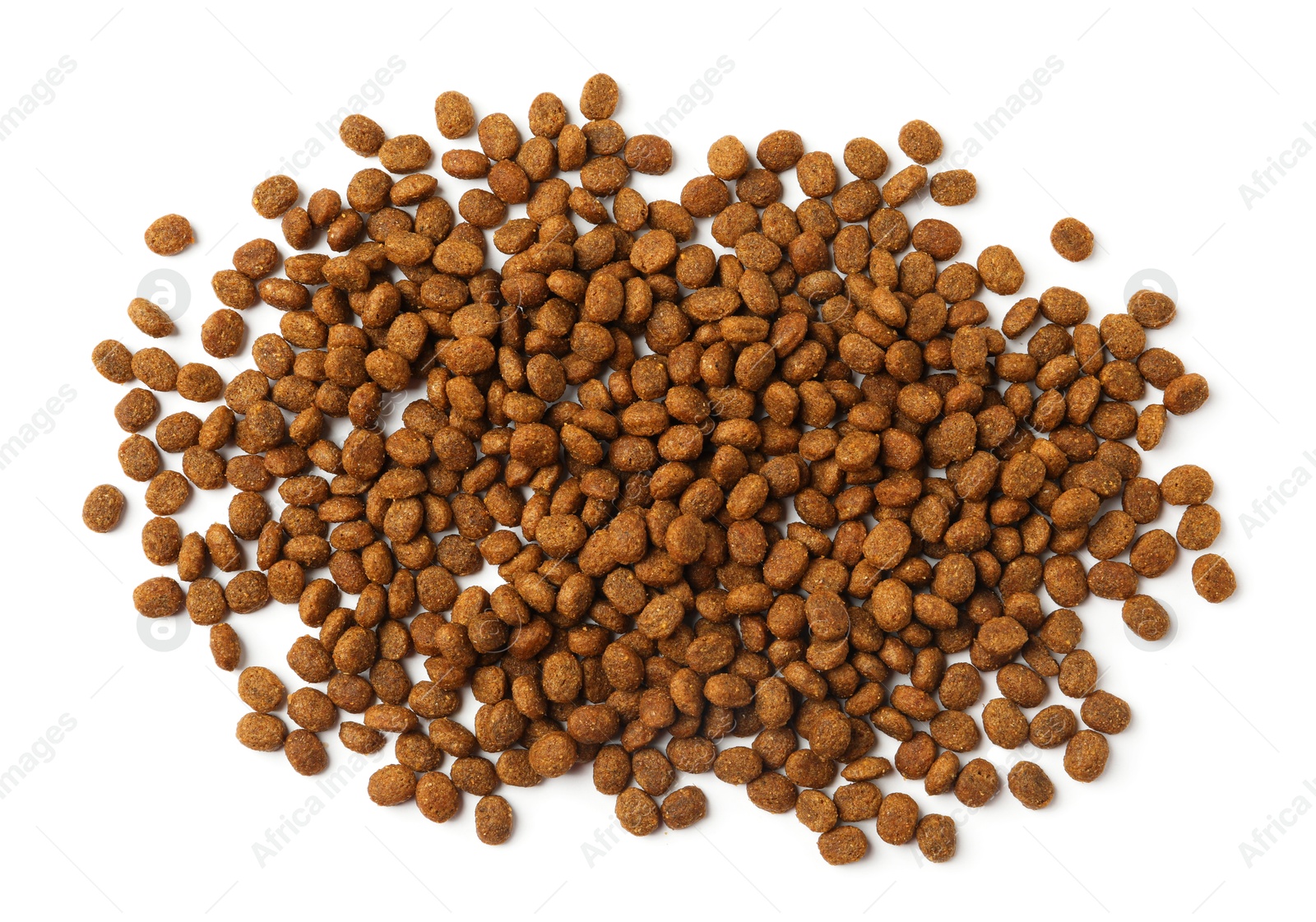 Photo of Dry pet food granules isolated on white, top view